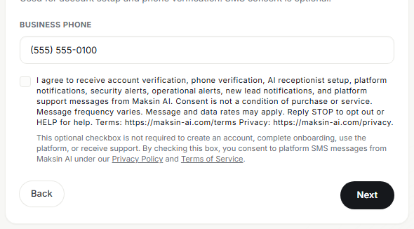Detailed onboarding Phone step screenshot showing Business phone, unchecked SMS consent checkbox, disclosure, legal links, and Next button.