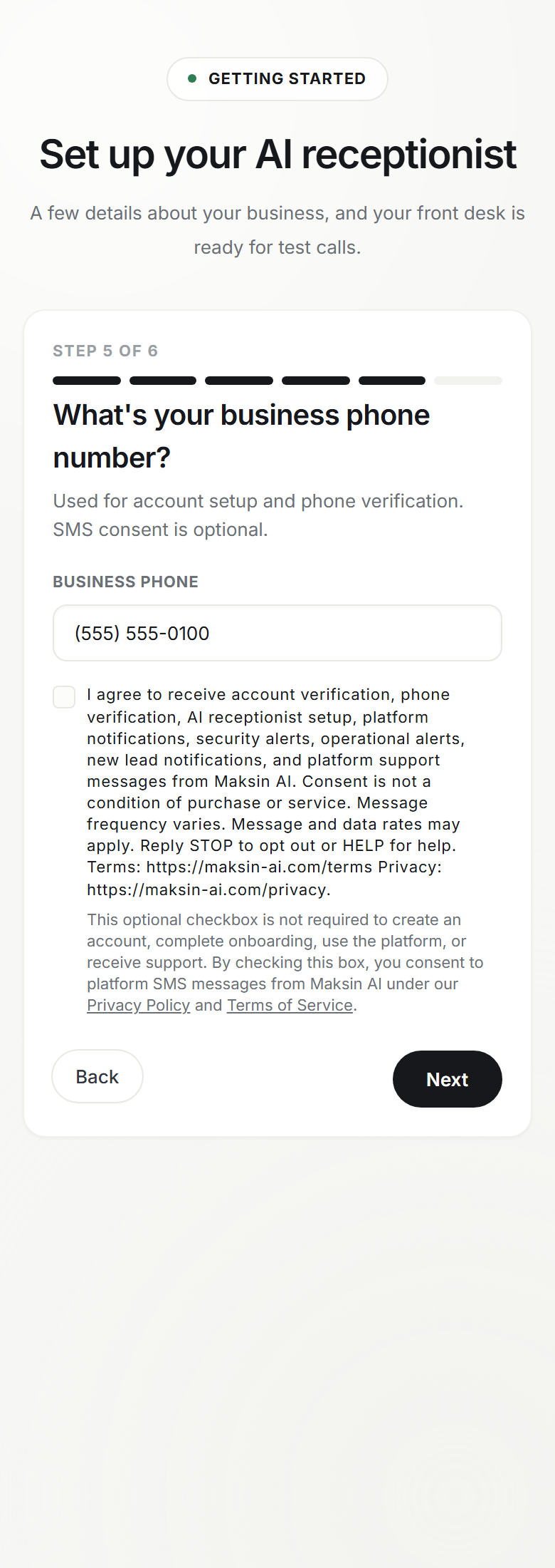 Mobile authenticated onboarding Phone step showing the unchecked SMS consent checkbox and disclosure before the Next button.