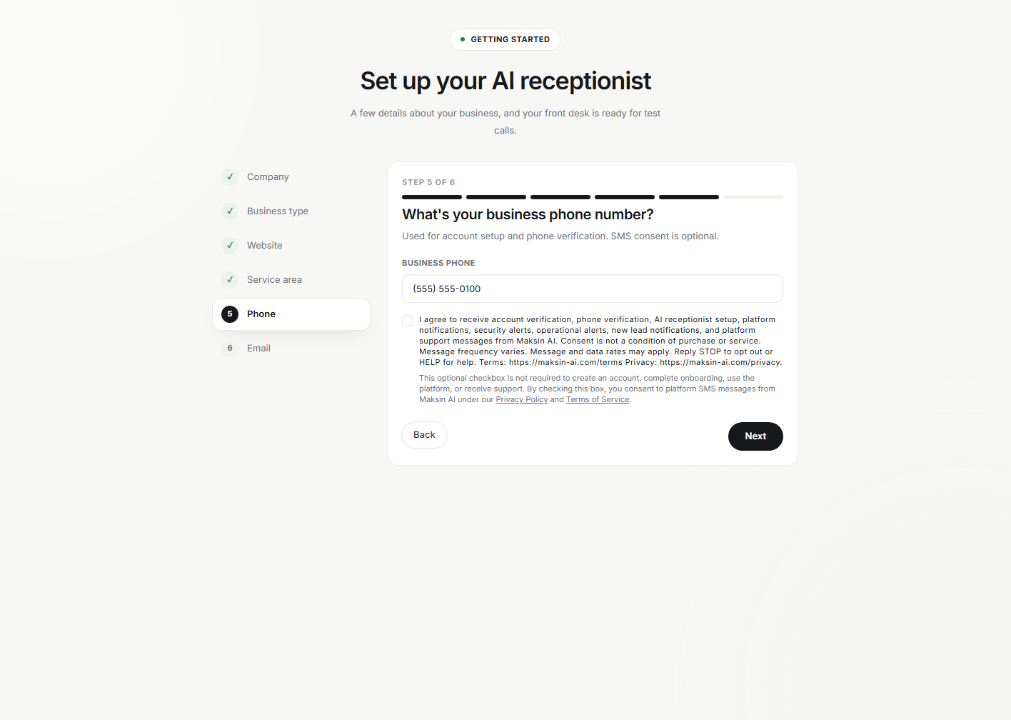 Full authenticated Maksin AI onboarding form showing the Phone step with sanitized test data.